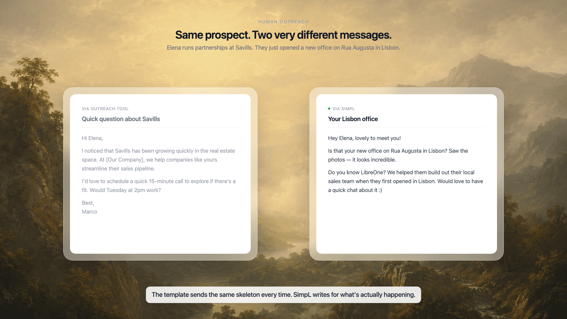A template tool's first message next to SimpL's first message for the same prospect